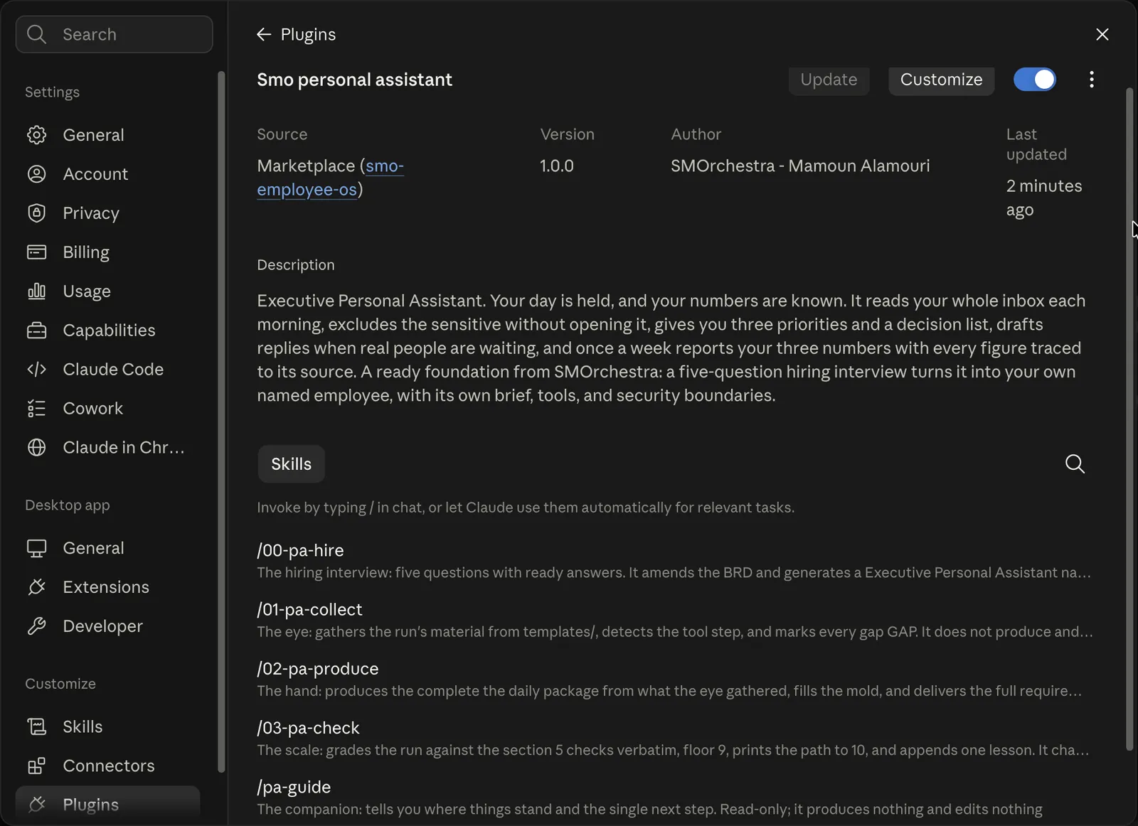 The Personal Assistant plugin detail page: reads the whole inbox each morning, gives three priorities and a decision list, and reports weekly with every figure traced to its source