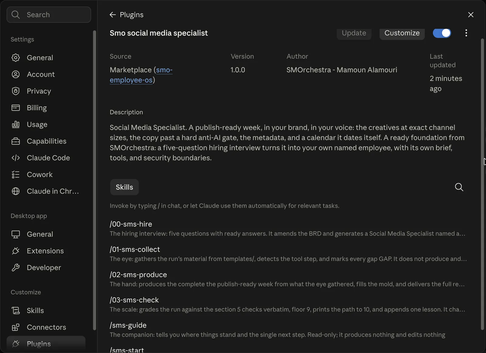 The Sales Nurture Specialist plugin detail page: every lead bucketed cold, warm or hot, follow-up drafted, nothing sent until the founder confirms