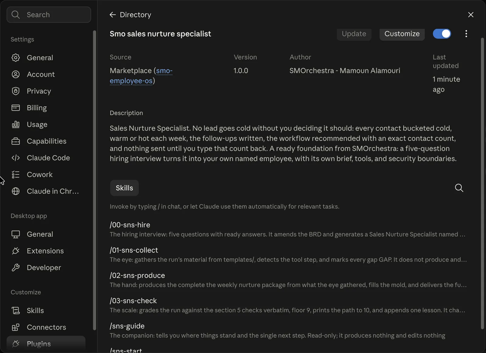 The Social Media Specialist plugin detail page: a publish-ready week in brand and voice, creatives sized per channel, copy past an anti-AI writing gate