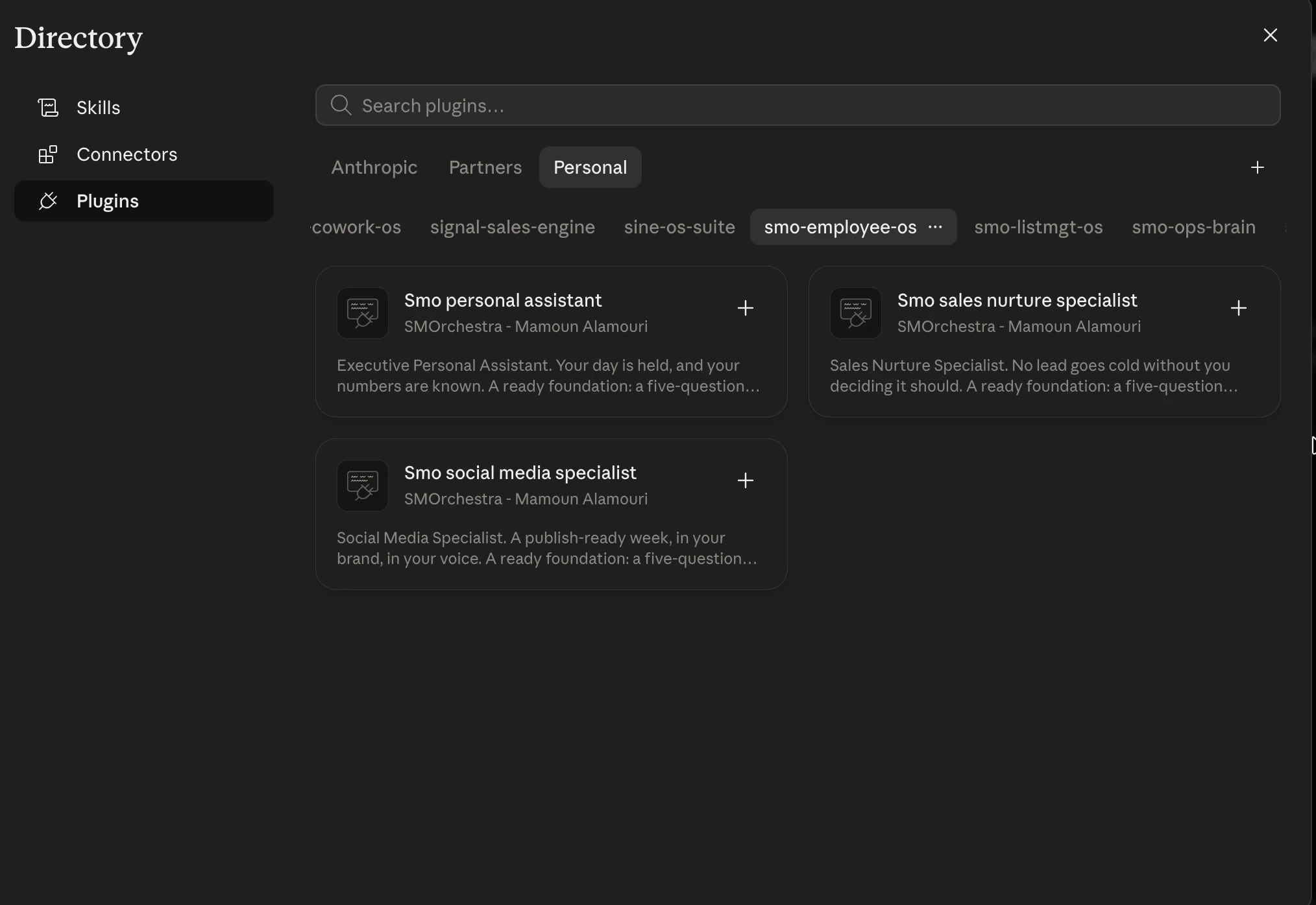 The employee marketplace showing all three foundation employees, the personal assistant, the sales nurture specialist and the social media specialist, as installable plugin cards under SMOrchestra