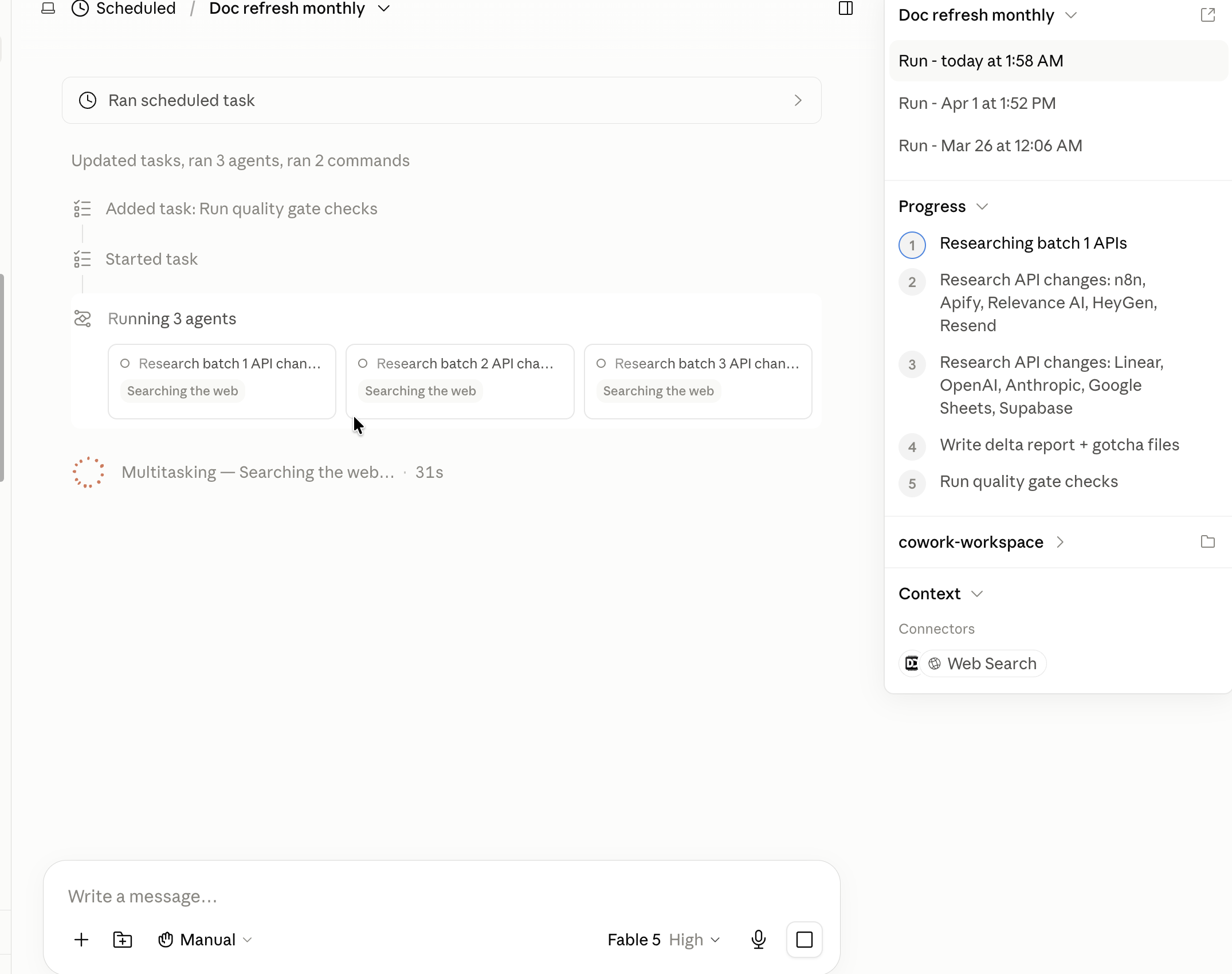 Three AI agents running in parallel at 1:58 AM, researching API changes across fifteen platforms with a five-step plan ending in quality gate checks