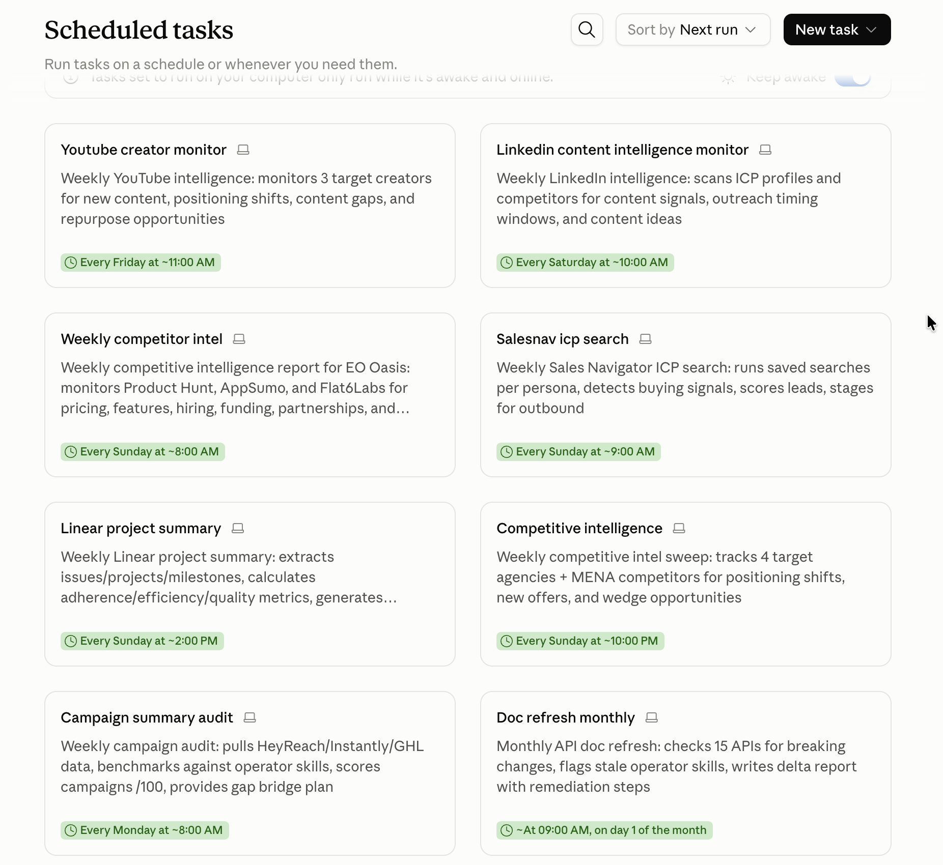 Scheduled tasks board with eight standing weekly AI jobs: YouTube monitoring, LinkedIn intelligence, competitor tracking, ICP search, project summaries and campaign audits
